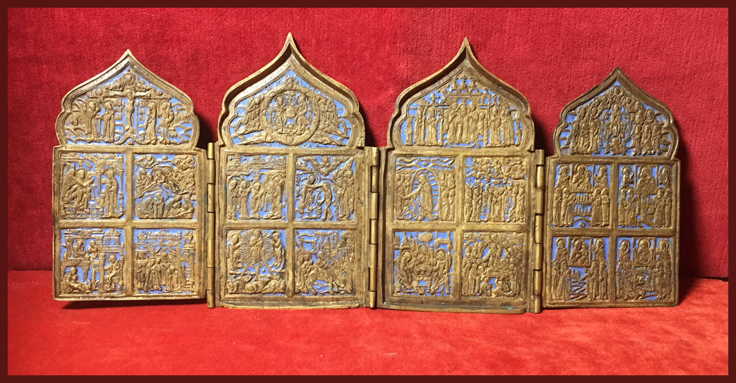 Four Panel Traveling Icon Russian metal icon antique