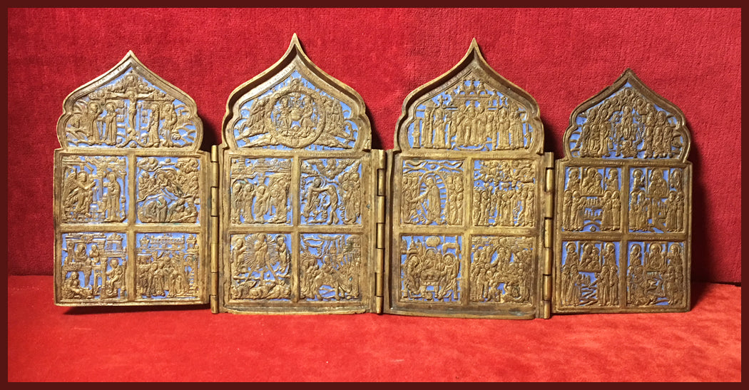 Four Panel Traveling Icon Russian metal icon antique