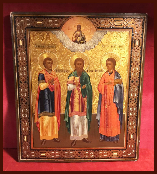 Original antique icon of Sts. Gourius, Samon and Abib